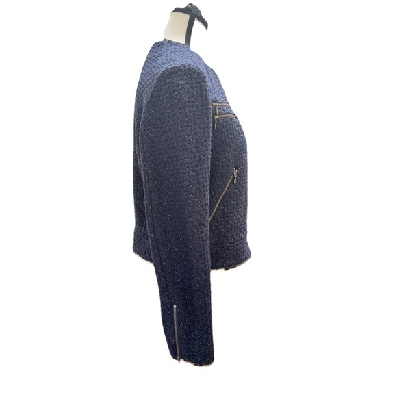 Q. Mack Blue Gold Tweed Moto Jacket Women's Size M Asymmetrical Zipper Style - Picture 4 of 11